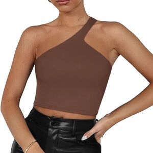 ReoRia One Shoulder Asymmetrical Cropped Seamless Tank Top Brown Size XL
